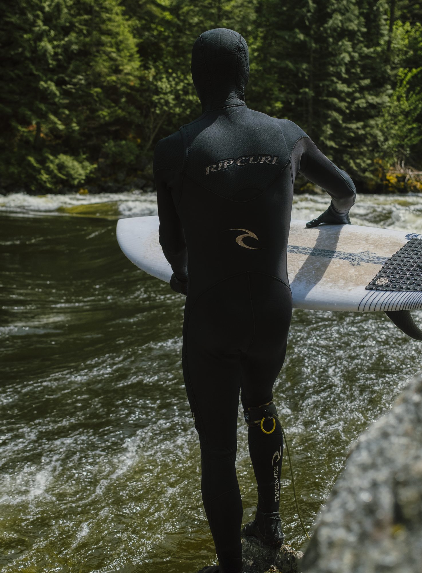 Surfer from behind holding a board beside a river wave