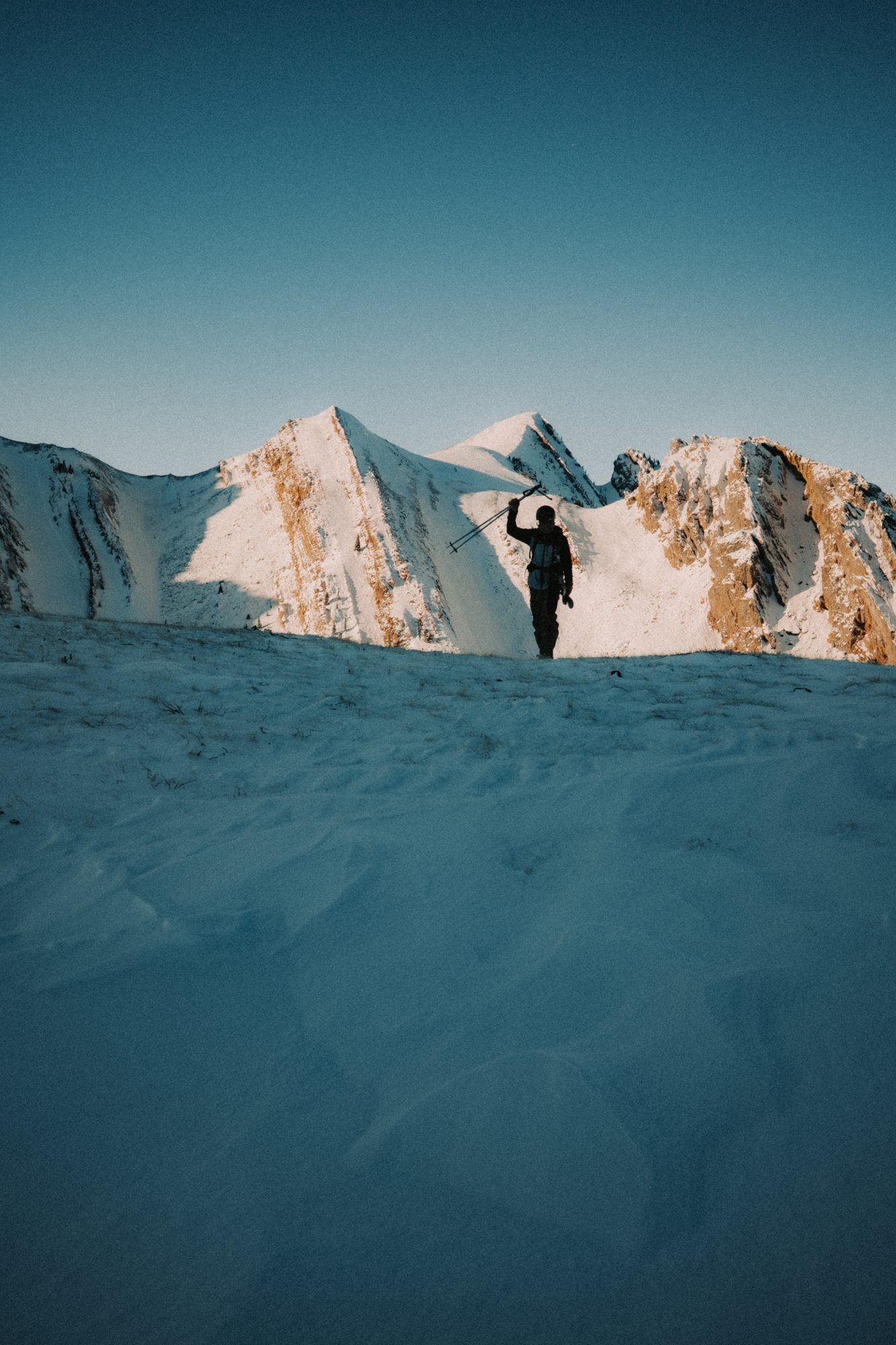 Skier raising a pole on a sunlit ridge